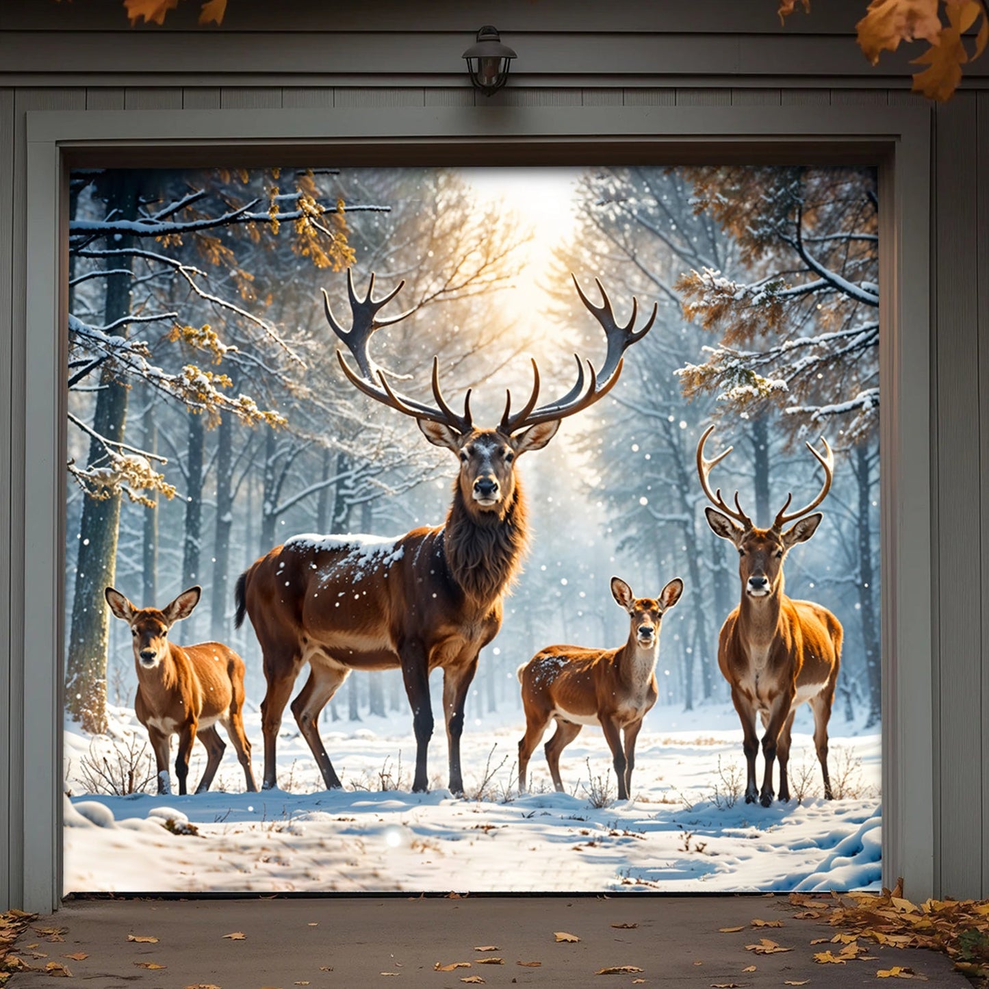 Lorva Christmas Garage Door Banner Decoration Majestic Reindeer Family In Winter Wonderland
