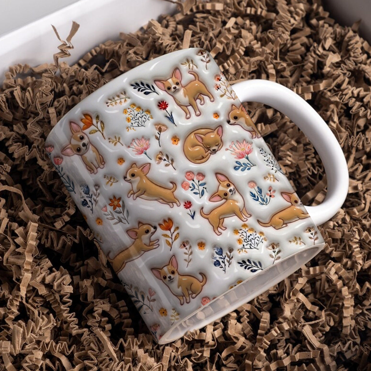 Lorva Chihuahua Flat Print Mug Happy Field Flowers