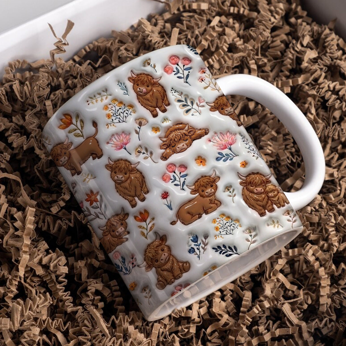 Lorva Highland Cow Flat Print Mug Happy Field Flowers