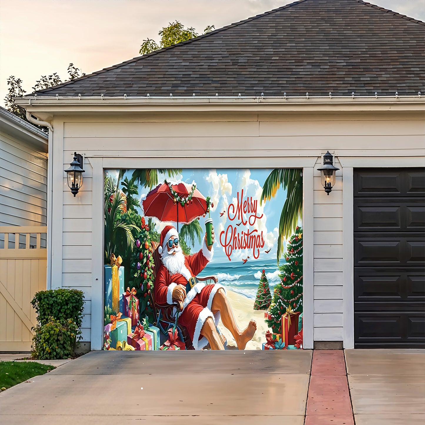Lorva Garage Door Banner Decoration Santa On Beach