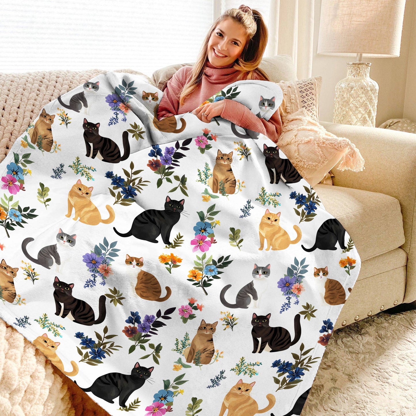 Lorva Fleece Blanket Cute Floral Cats