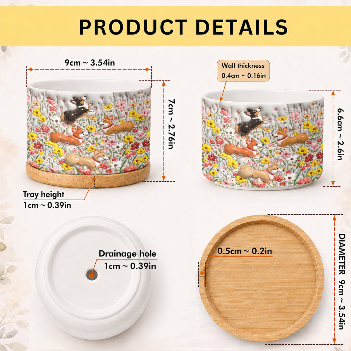 Lorva Corgi Flat Print Ceramic Plant Pot Cute Field Flowers