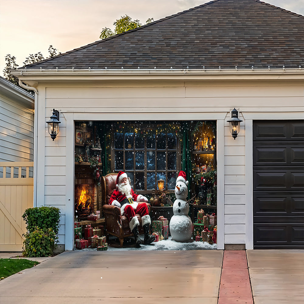Lorva Christmas Garage Door Banner Decoration Fireside Santa & Snowman Holiday