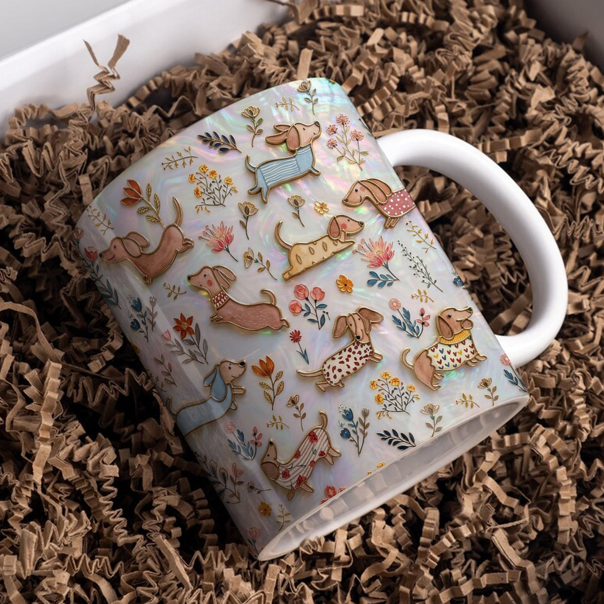 Lorva Flat Print Mug Cute Floral Dachshunds