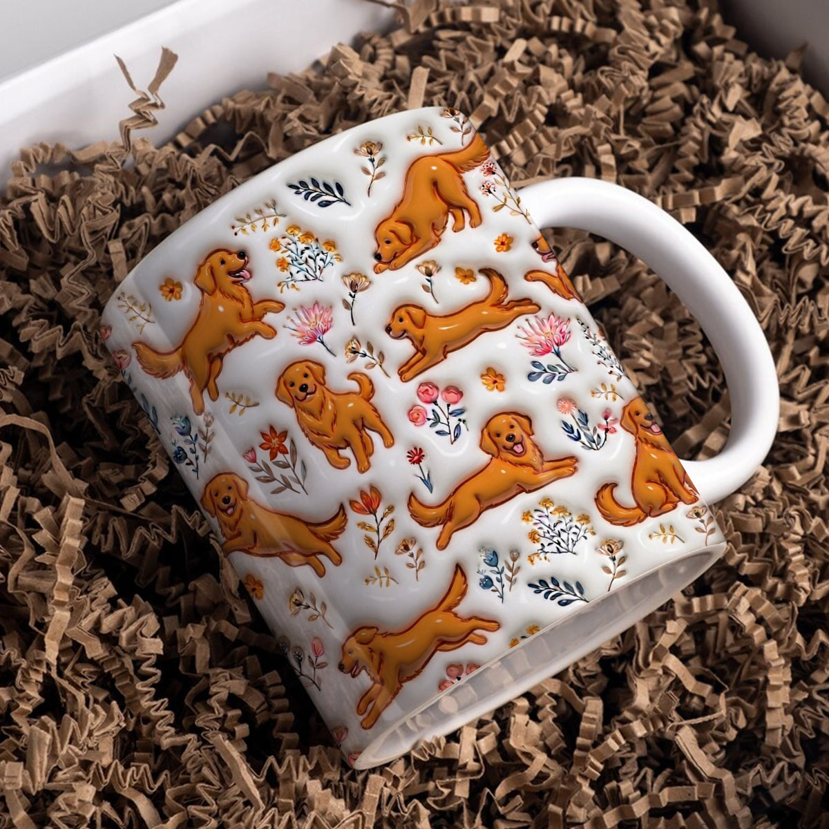 Lorva Red Golden Retriever Flat Print Mug Happy Field Flowers