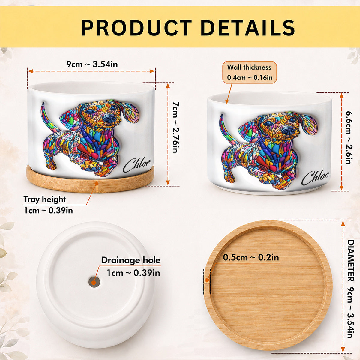 Lorva Dachshund Personalized Flat Print Ceramic Plant Pot Happy