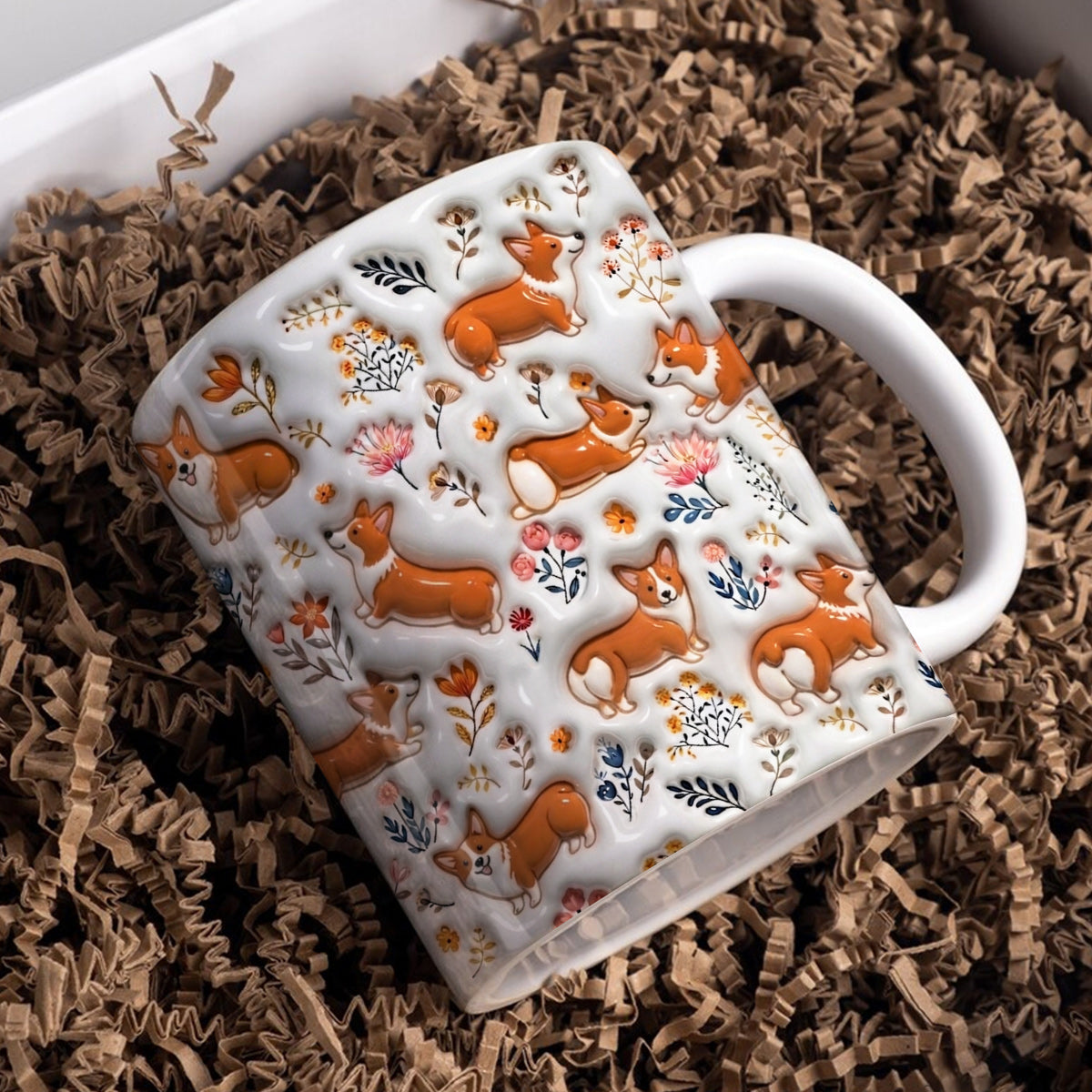 Lorva Corgi Flat Print Mug Field Flowers Lovely
