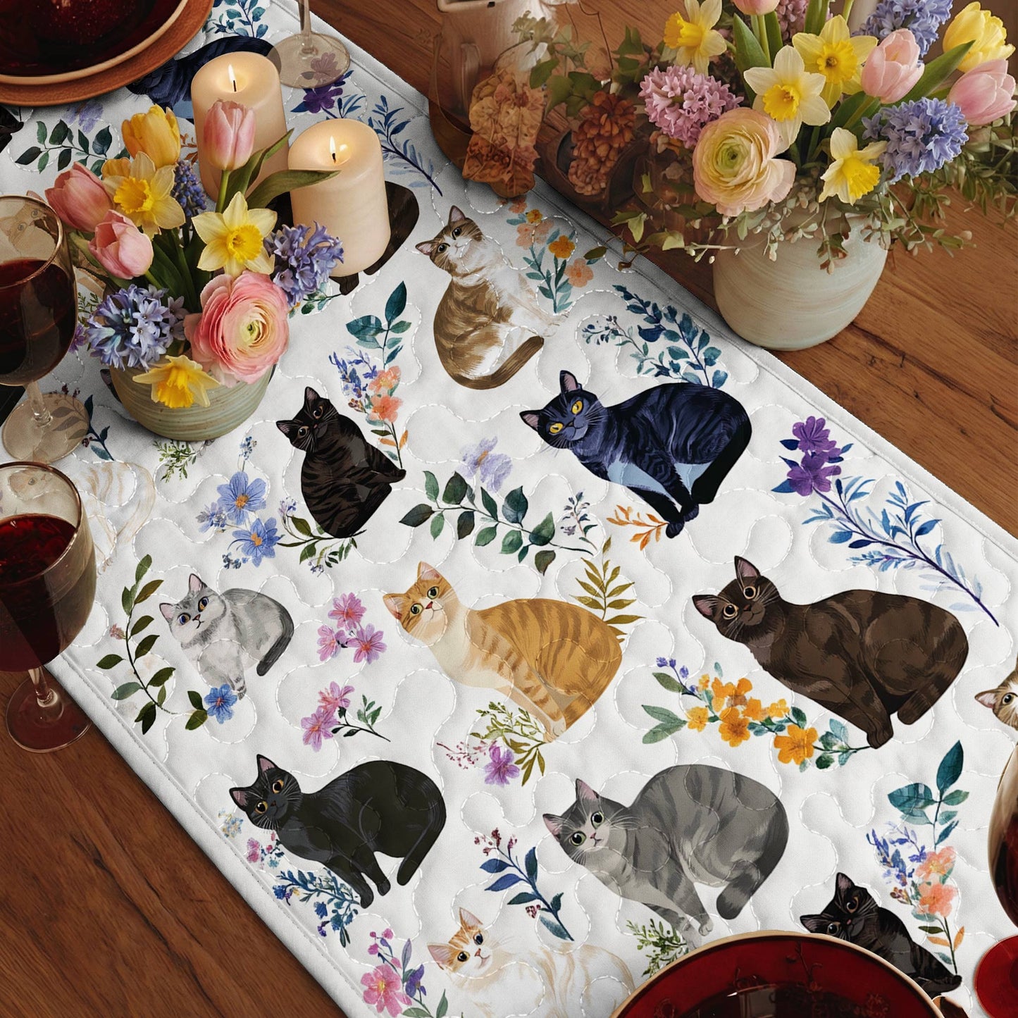 Lorva Quilted Table Runner Charming Floral Cats