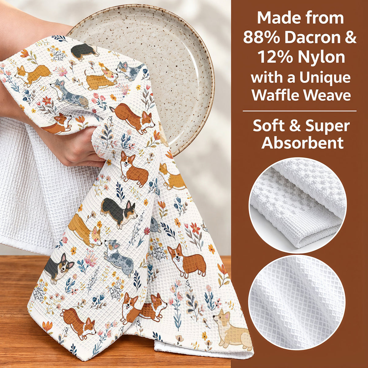 Lorva Corgi Kitchen Towel Happy Field Flowers