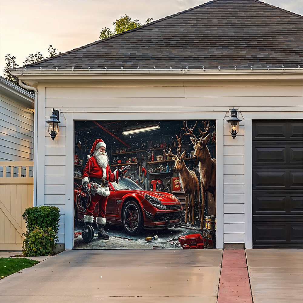 Lorva Christmas Garage Door Banner Decoration Santa's Reindeer Garage