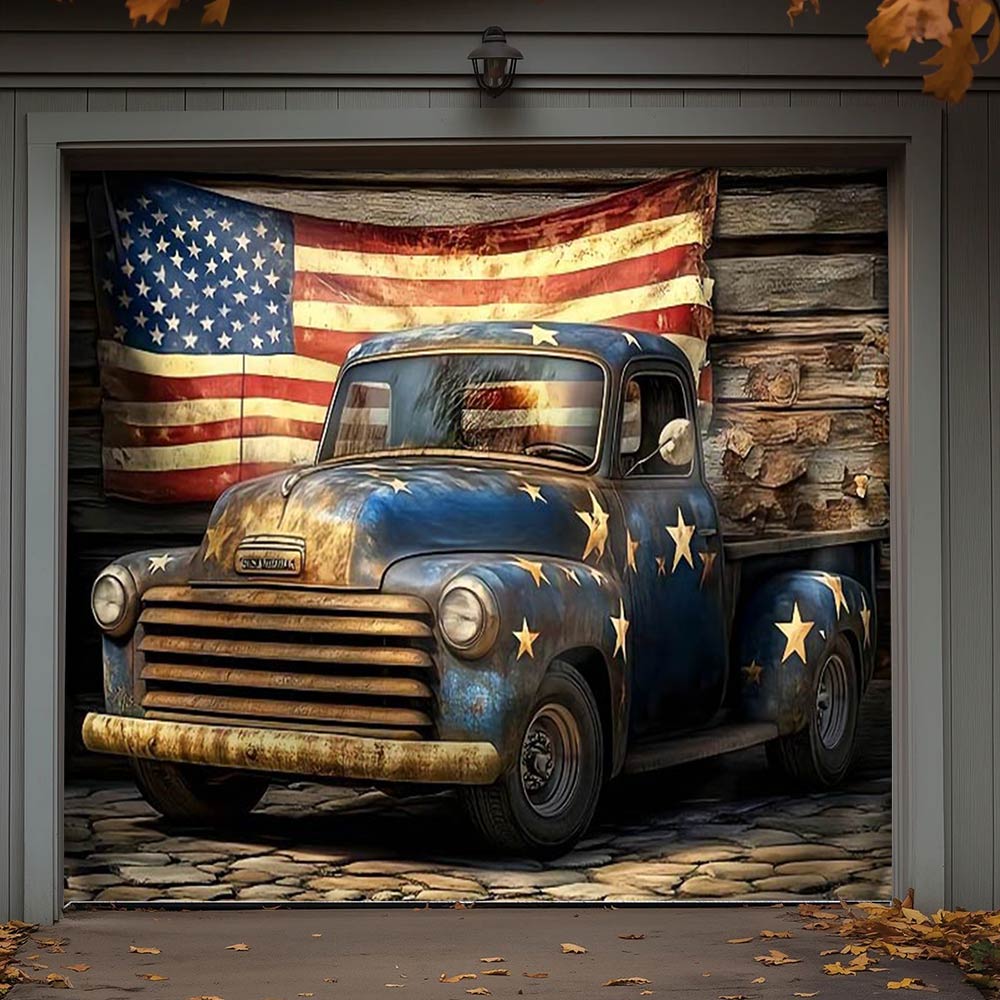 Lorva Patriotic Garage Door Banner Decoration Rustic Truck