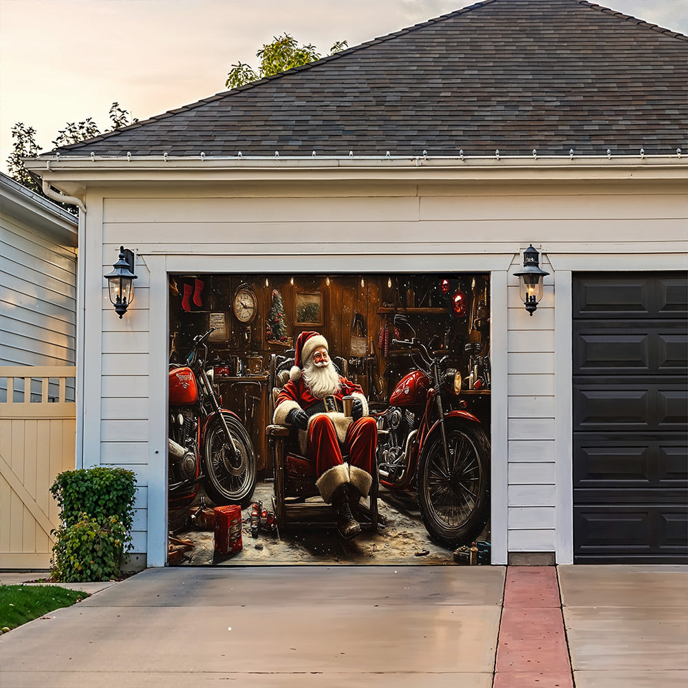 Lorva Christmas Garage Door Banner Decoration Santa’s Christmas Motorcycle Garage