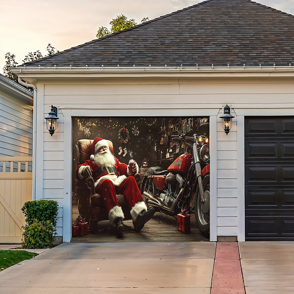 Lorva Chistmas Garage Door Banner Decoration Santa’s Biker Workshop