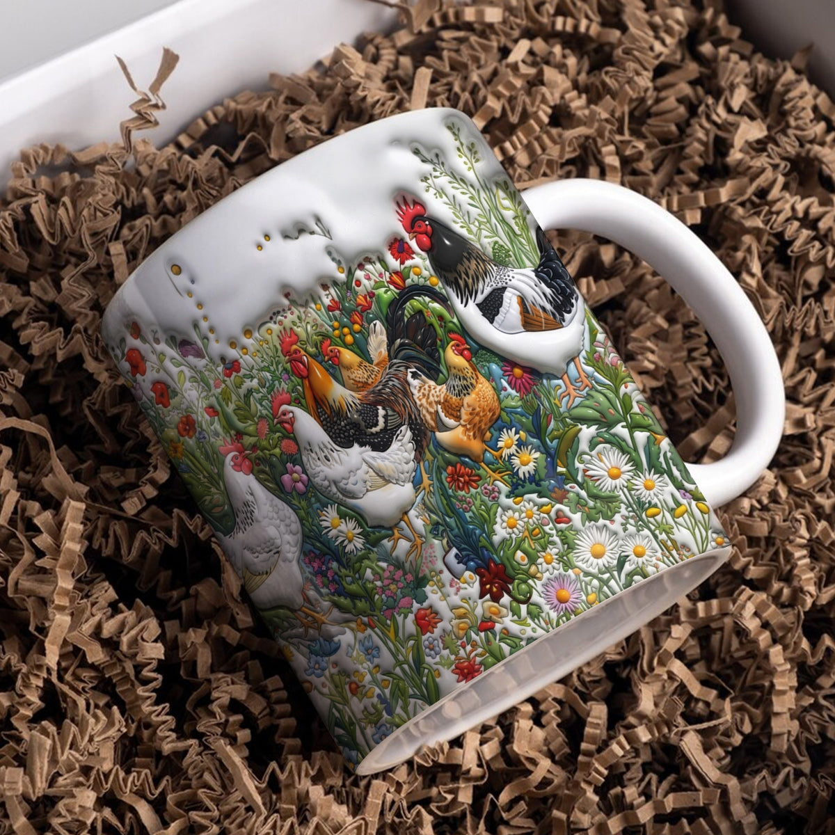 Lorva Chicken Flat Print Mug Happy Field Flowers