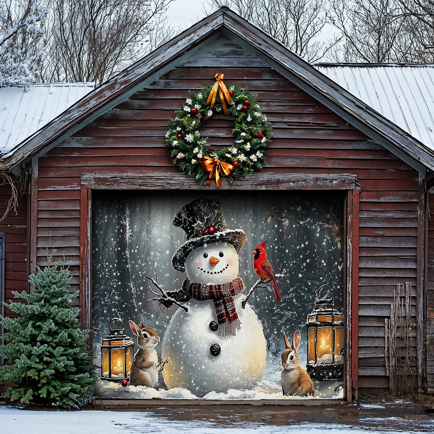 Lorva Garage Door Banner Decoration Winter Forest Snowman Gathering with Bunnies and Cardinals
