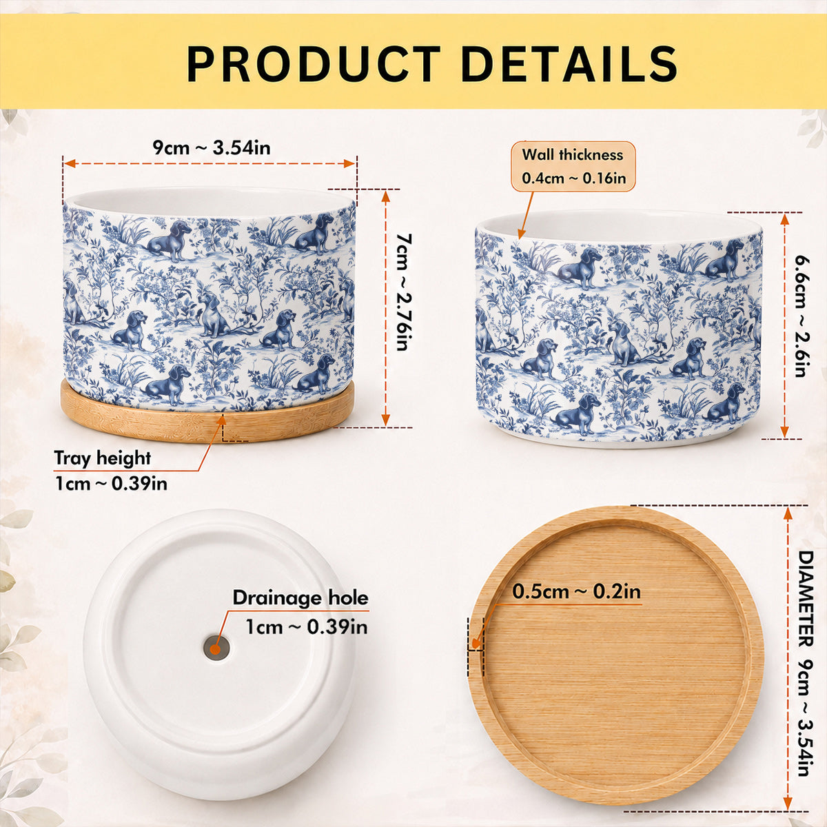 Lorva Dachshund Flat Print Ceramic Plant Pot Blue Floral