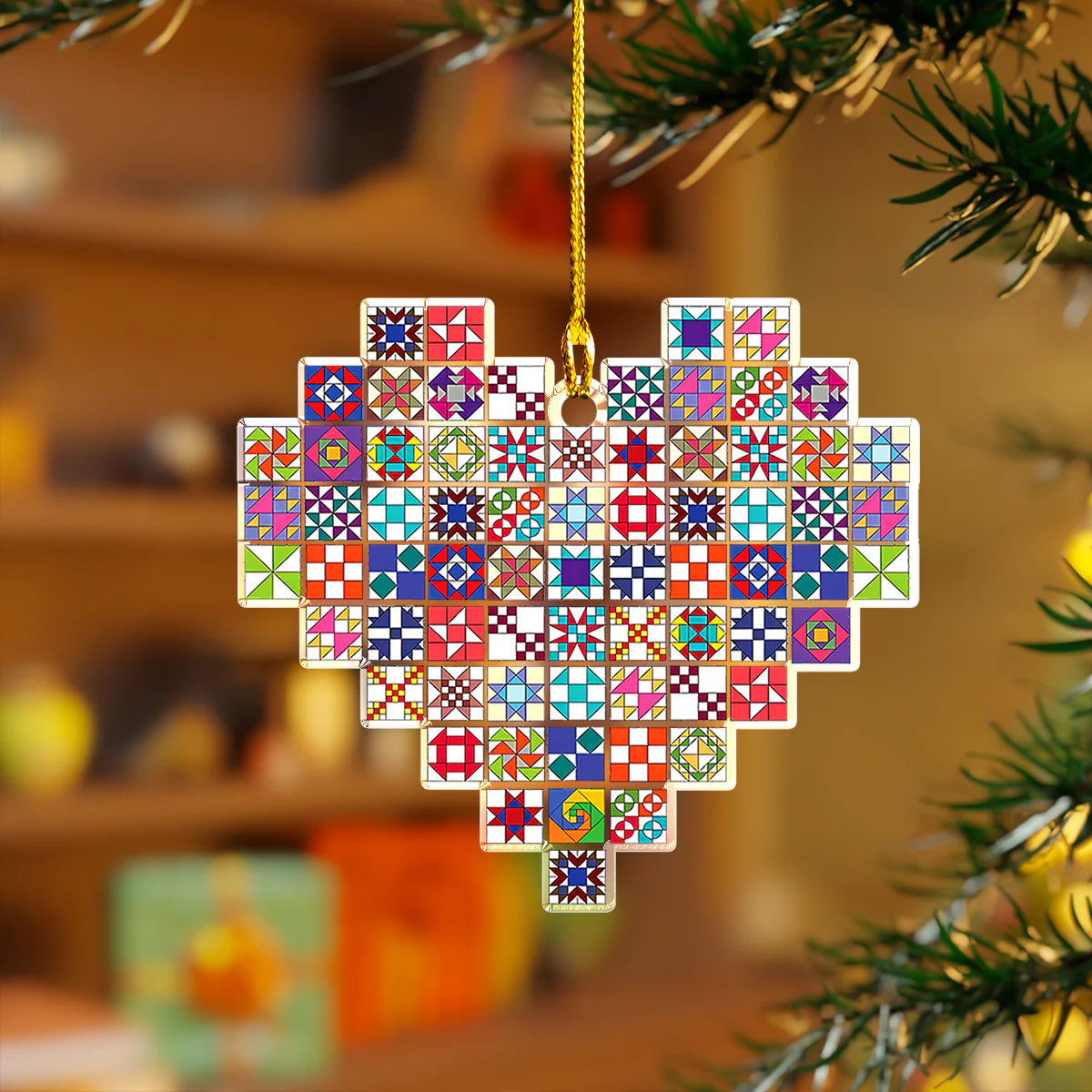 Lorva Quilting 2D Acrylic Ornament Heart Colorful Quilting Blocks
