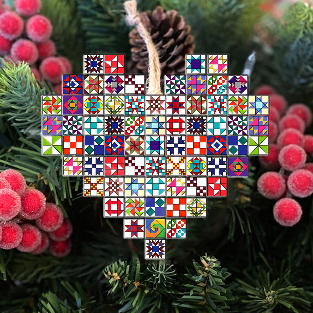 Lorva Quilting 2D Acrylic Ornament Heart Colorful Quilting Blocks