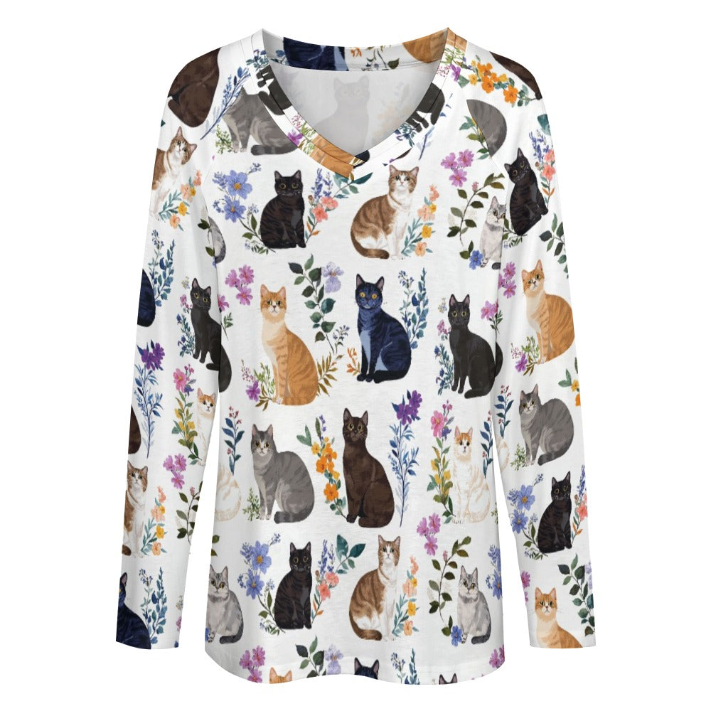 Lorva Cat Women's Long sleeve loose tee Charming Floral Cats