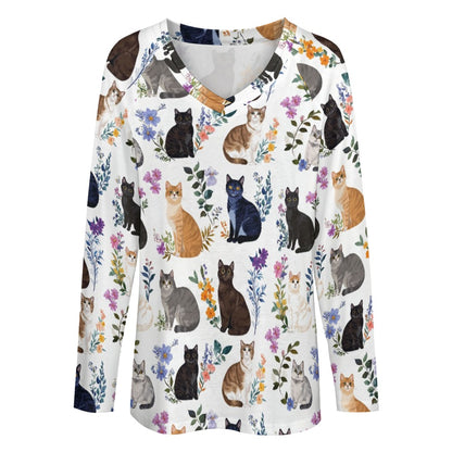 Lorva Cat Women's Long sleeve loose tee Charming Floral Cats
