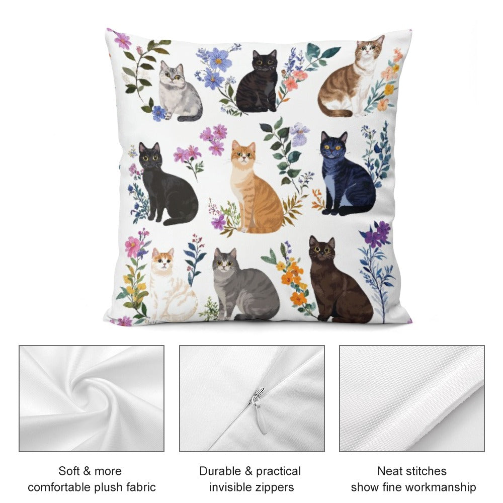 Lorva Cat Plush Pillow Case Charming Floral Cats