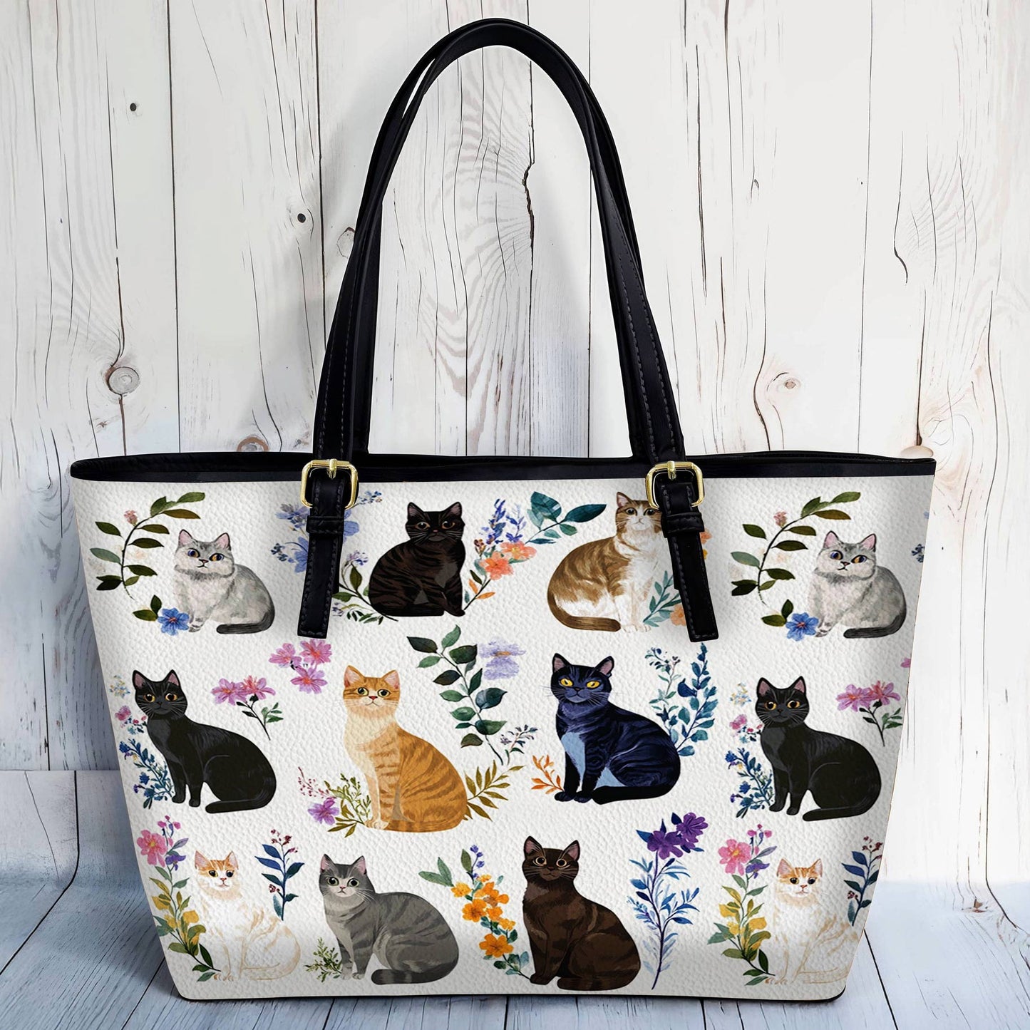 Lorva Leather Tote Bag Charming Floral Cats