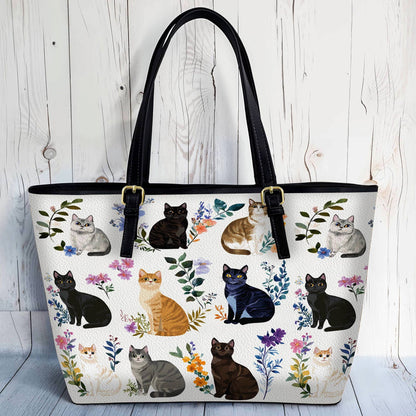 Lorva Leather Tote Bag Charming Floral Cats