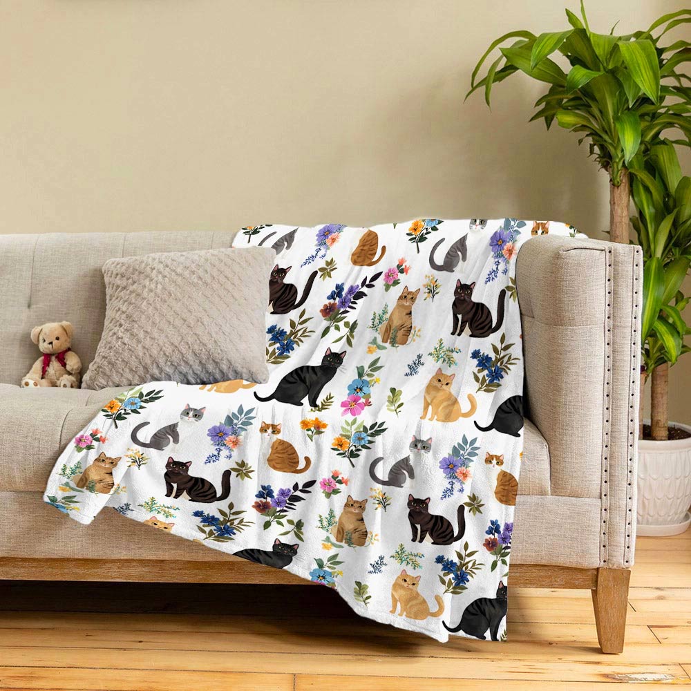 Lorva Fleece Blanket Cute Floral Cats