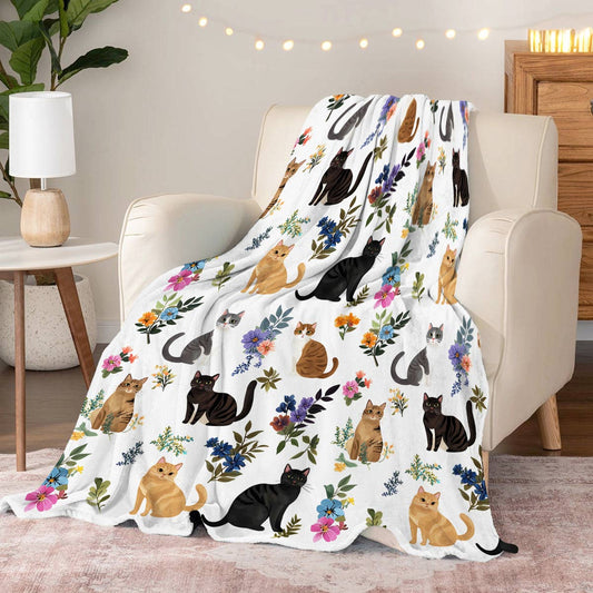 Lorva Fleece Blanket Cute Floral Cats