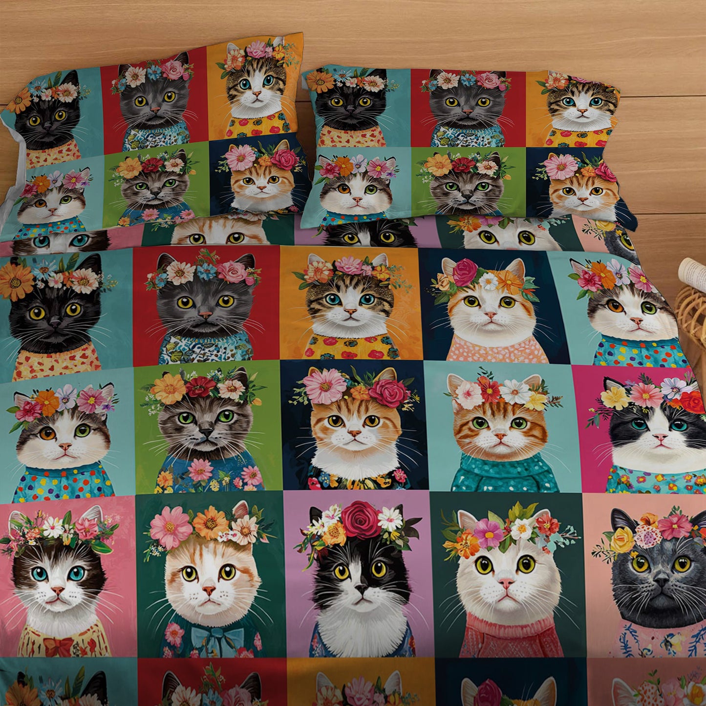 Lorva 4-Piece Bed Sheet Set Floral Crown Cats