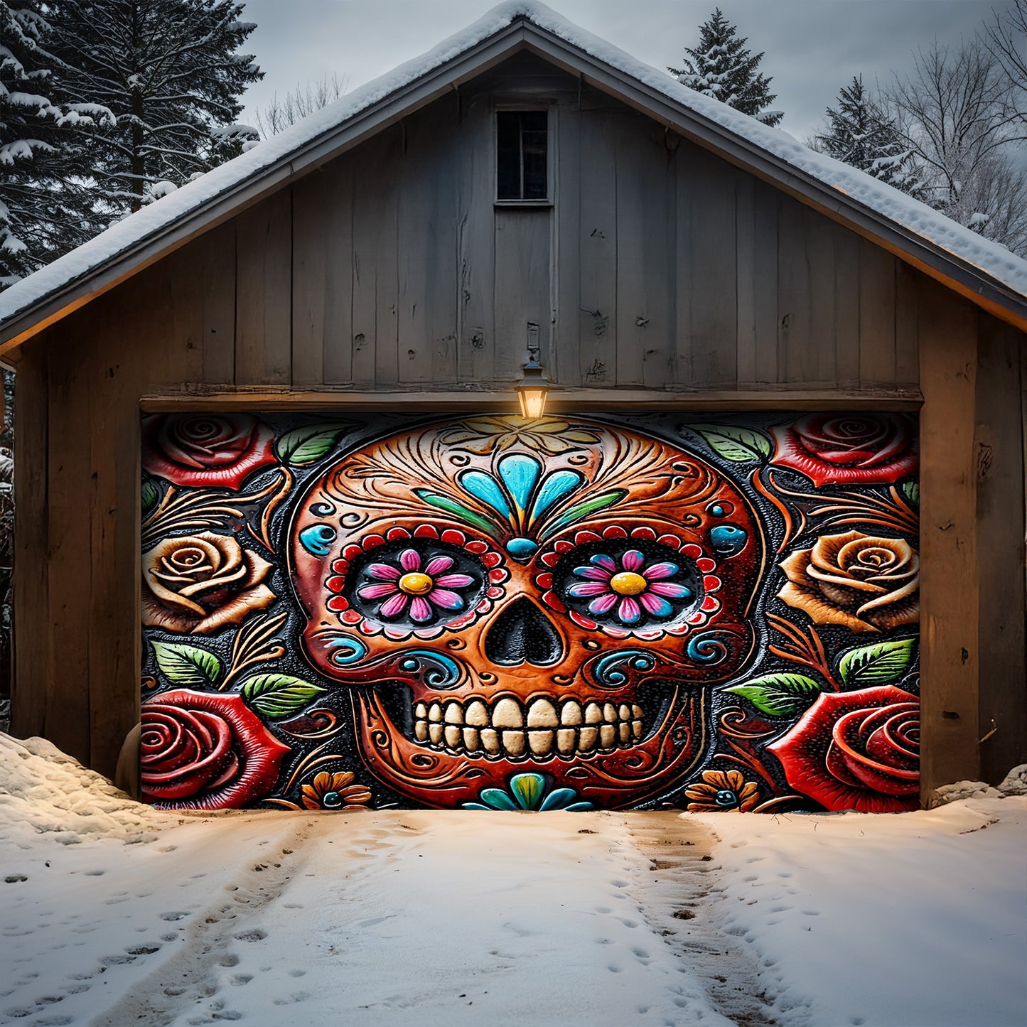 Lorva Garage Door Banner Gorgeous Rose Skull