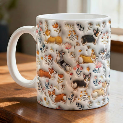 Lorva Corgi Flat Print Mug Happy Field Flowers