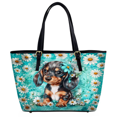 Lorva Dachshund Leather Tote Bag Daisy Doxie Delight