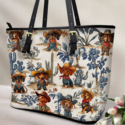 Lorva Dachshund Leather Tote Bag Cowpoke Blues & Blooms