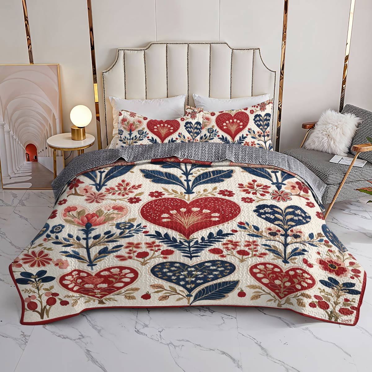 Lorva All Season Quilt 3-Piece Set Charming Floral Heart
