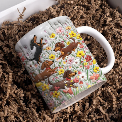 Lorva Flat Print Mug Puffy Happy Dachshunds In Flower Garden