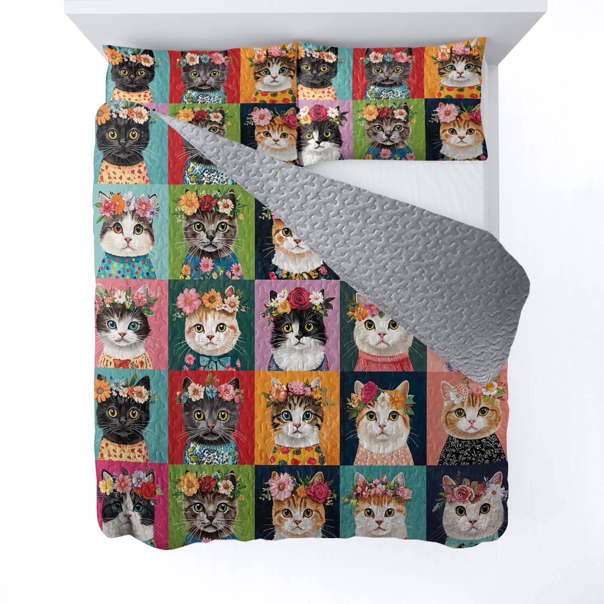 Lorva All Season Quilt 3-Piece Set Floral Crown Cats