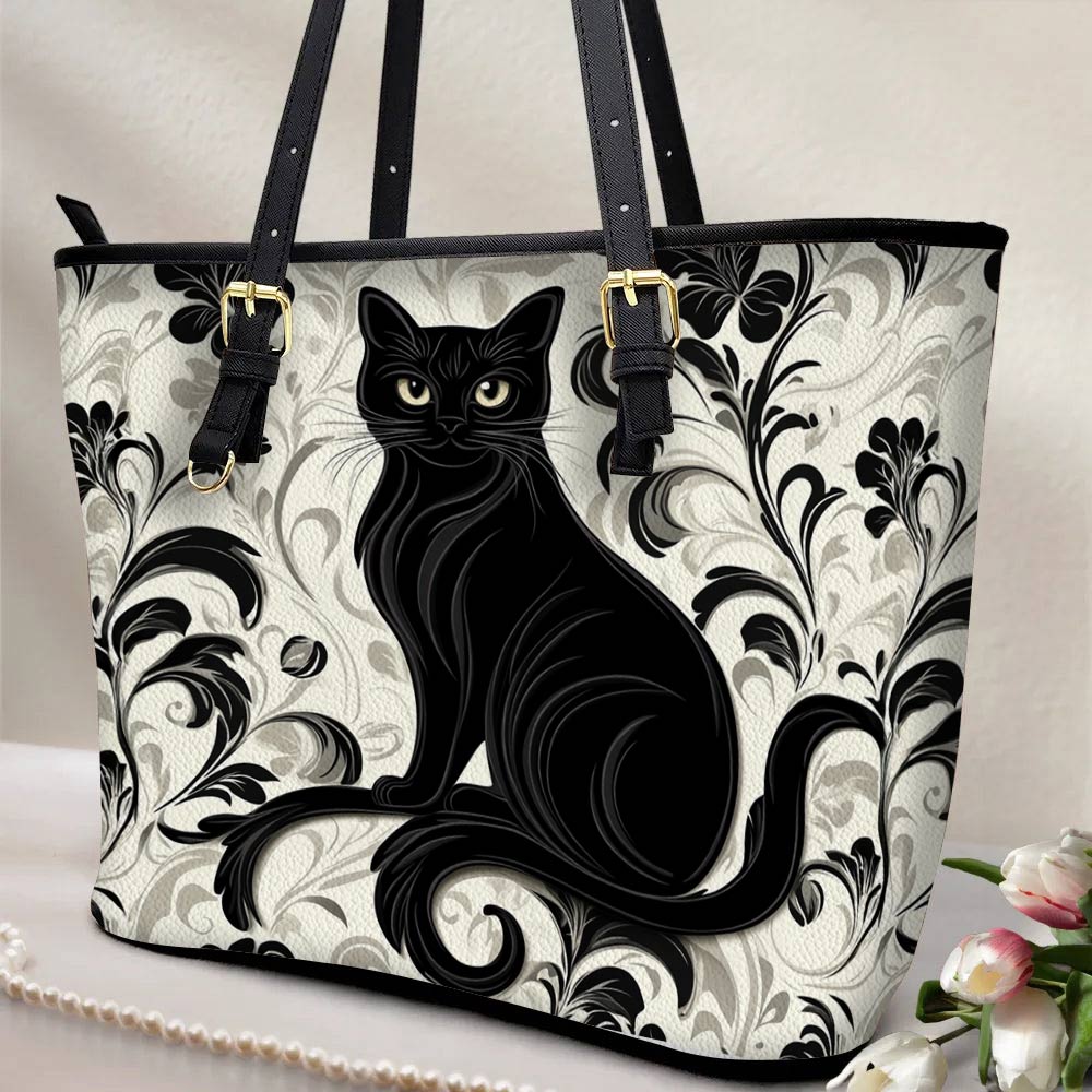 Lorva Black Cat Leather Tote Bag Magic