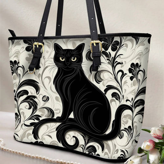 Lorva Black Cat Leather Tote Bag Magic