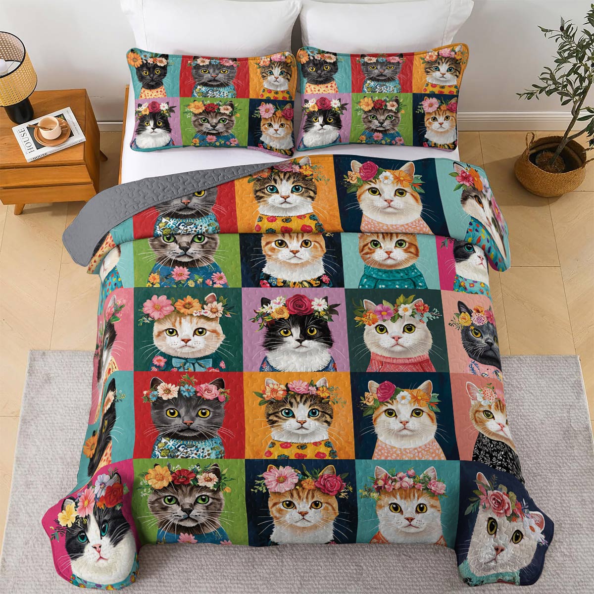 Lorva All Season Quilt 3-Piece Set Floral Crown Cats