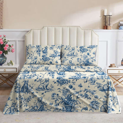 Lorva 4-Piece Bed Sheet Set Blue Garden Whiskers