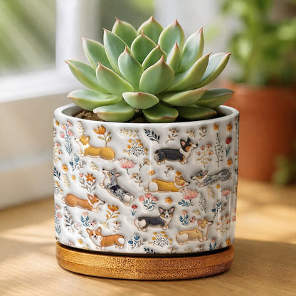 Lorva Corgi Flat Print Ceramic Plant Pot Happy Field Flowers