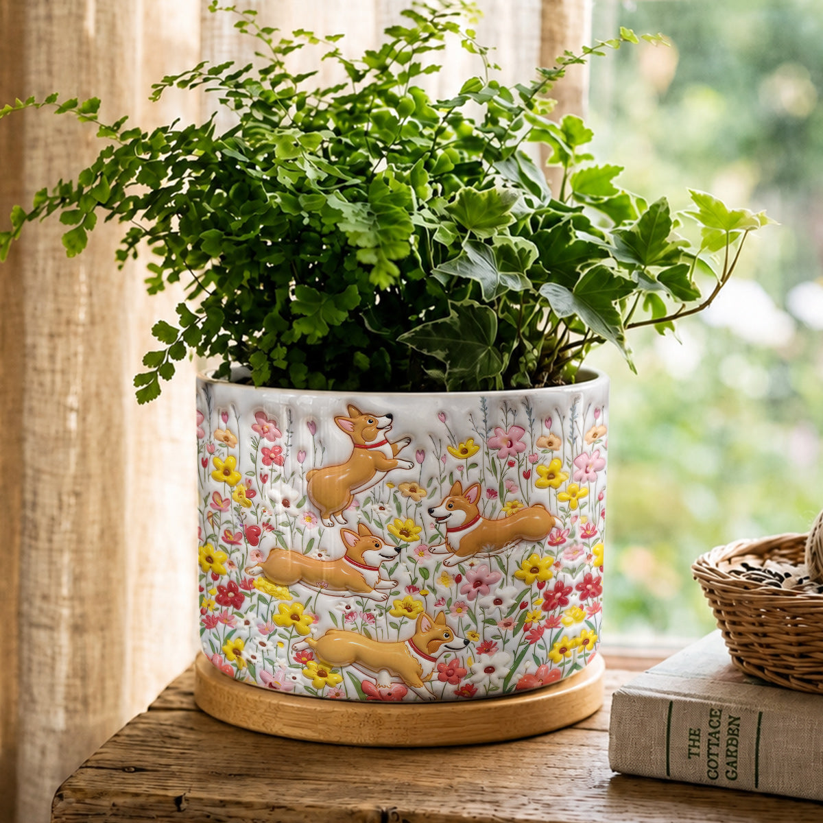 Lorva Corgi Flat Print Ceramic Plant Pot Happy Flower Garden