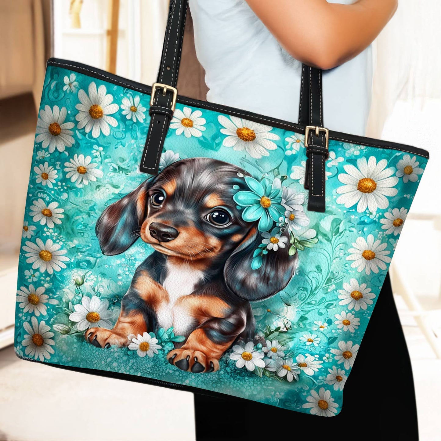 Lorva Dachshund Leather Tote Bag Daisy Doxie Delight