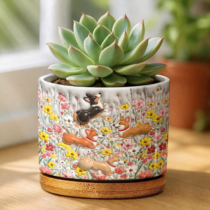 Lorva Corgi Flat Print Ceramic Plant Pot Cute Field Flowers
