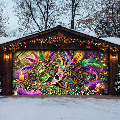 Lorva Mardi Gras Garage Door Banner Decoration Opulent Feather Masque