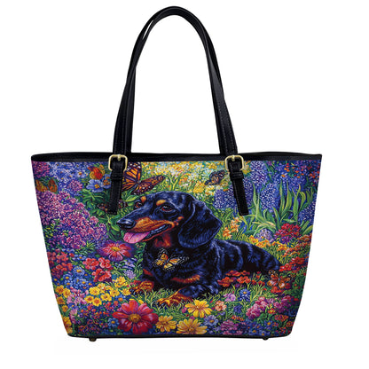 Lorva Leather Tote Bag Garden Dachshund Delight