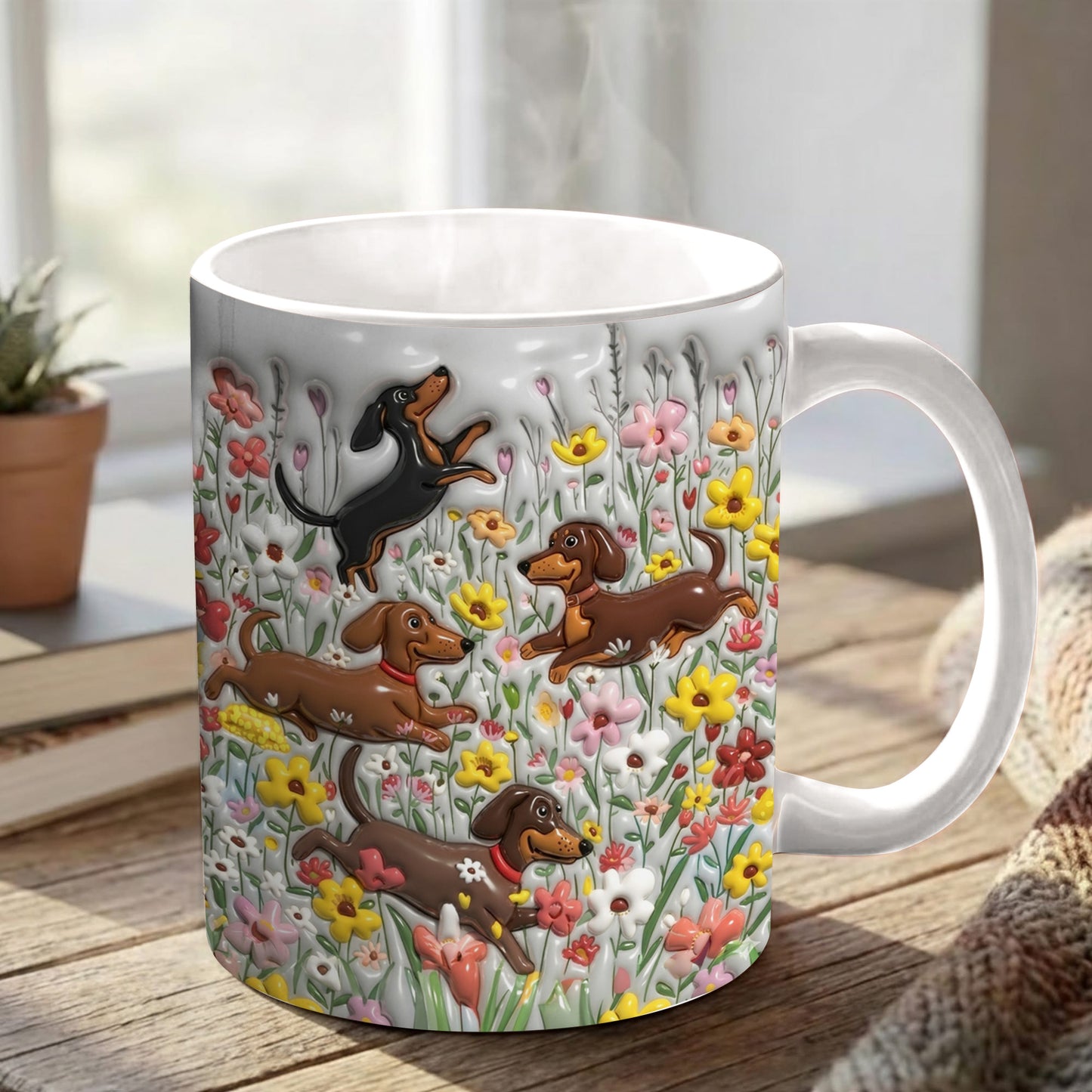 Lorva Flat Print Mug Puffy Happy Dachshunds In Flower Garden