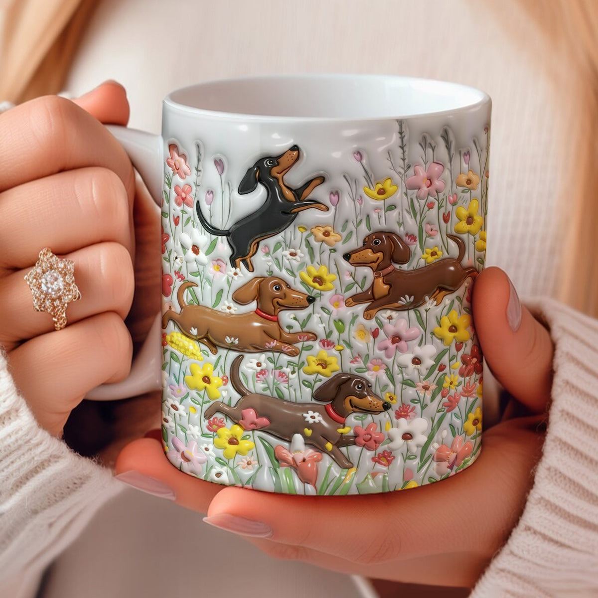 Lorva Flat Print Mug Puffy Happy Dachshunds In Flower Garden