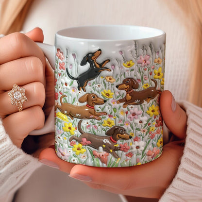 Lorva Flat Print Mug Puffy Happy Dachshunds In Flower Garden